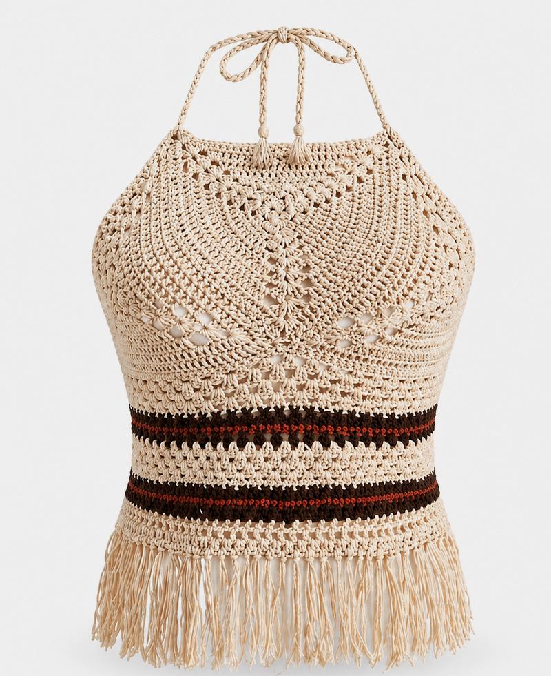 Crochet fringe halter top cream