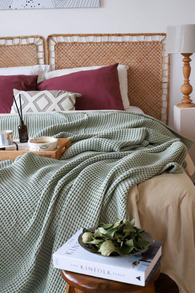 Waffle bedspread sage green